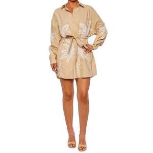 NEW HEMANT & NANDITA ari embroidered belted dress in beige
